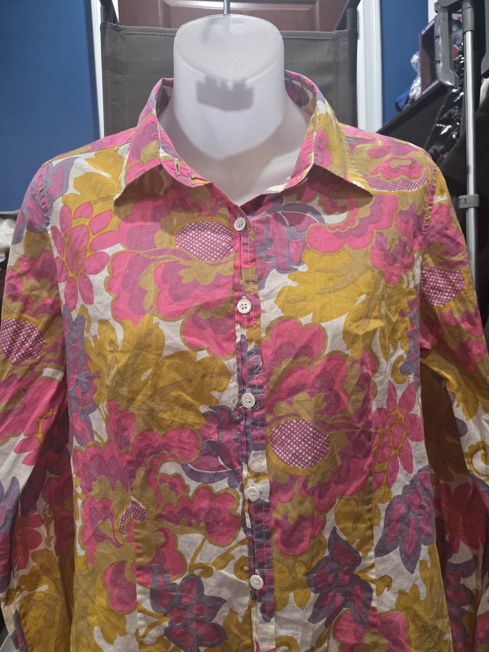 J. Crew Floral Button-Down Shirt in Pink and Mustard,  Size 8